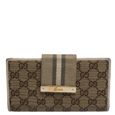 Pre-owned Gucci Beige Gg Canvas And Leather Web Continental Wallet