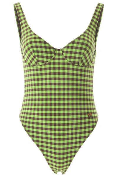 Shop Fendi Vichy Swimsuit In Brown,green