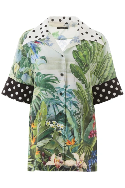 Shop Dolce & Gabbana Jungle Tropical And Polka Dot Print Silk Shirt In Tropical Mix Pois (green)