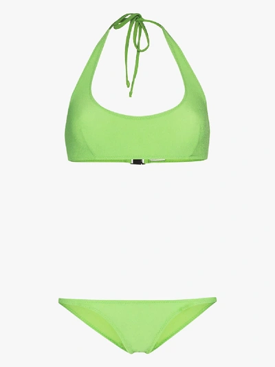 Shop Lisa Marie Fernandez Amber Crêpe Halter Bikini In Green