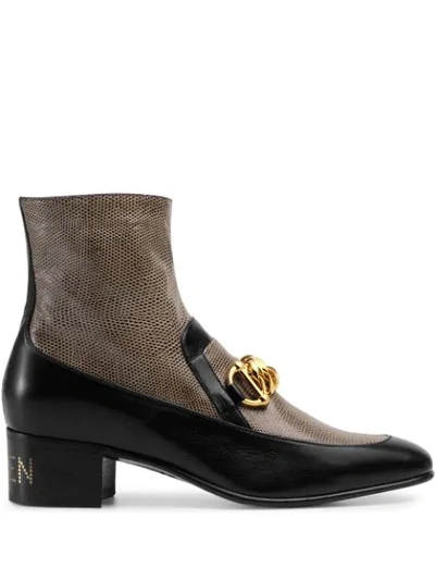 Shop Gucci Men's Horsebit Chain Boot With Lizard In Brown ,black