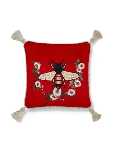 Shop Gucci Bee Embroidery Cushion In Red