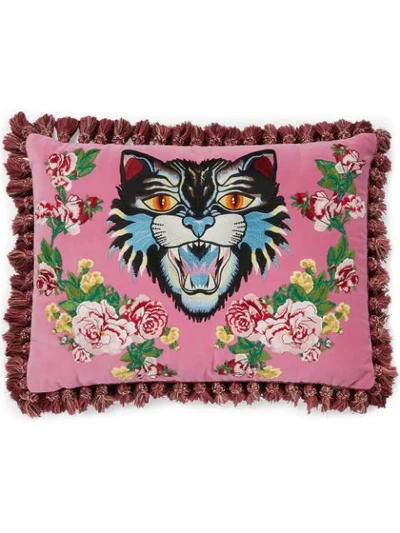 Shop Gucci Angry Cat Embroidered Pillow In Pink