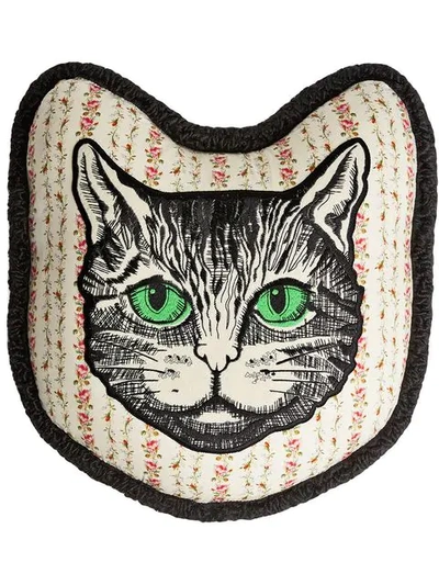 Shop Gucci Mystic Cat Embroidered Cushion In Black ,neutral