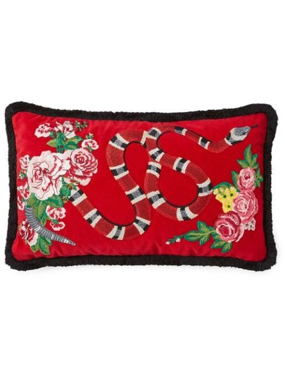 Shop Gucci Velvet Cushion With Kingsnake Embroidery In Red