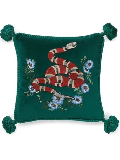 Shop Gucci Velvet Cushion With Snake Embroidery In Green