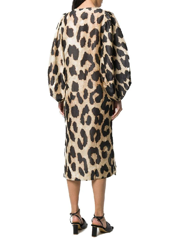 Ganni Leopard Print Long Sleeve Linen & Silk Maxi Dress In Beige | ModeSens