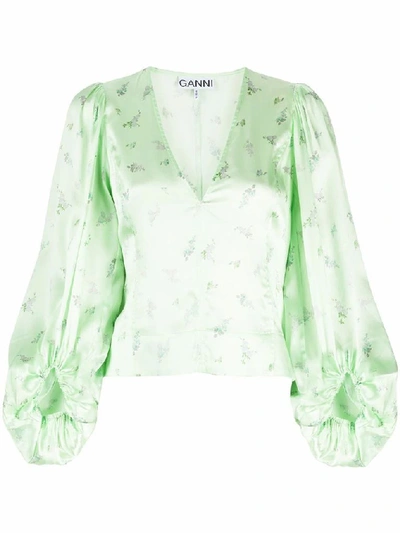 Shop Ganni Green Silk Blouse