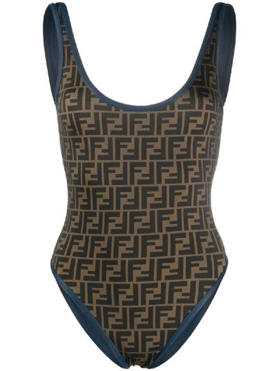 Shop Fendi All-over Ff Motif Print Swimsuit In Blue