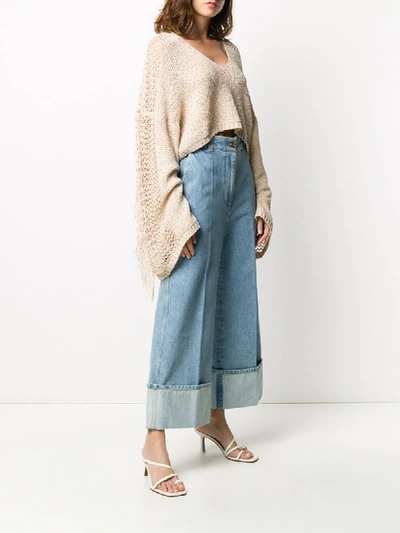 Shop Mes Demoiselles Fringed-sleeve Cropped Top In Neutrals