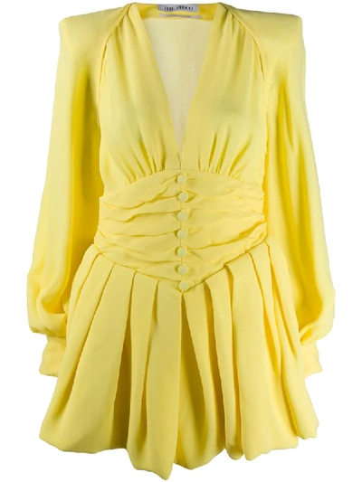 Shop Attico Pleated Plunge Mini Dress In Yellow