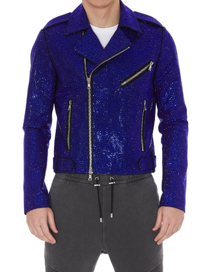 Shop Balmain Rhinestone Biker Jacket In Blue