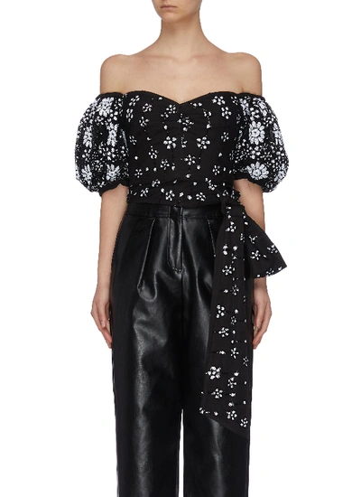 Shop Self-portrait Deco' Sequin Embellished Mesh Puff Sleeve Drop Shoulder Top" In Black,white