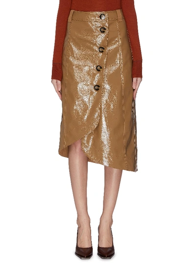 Shop Ganni Patent Leather Midi Skirt In Brown