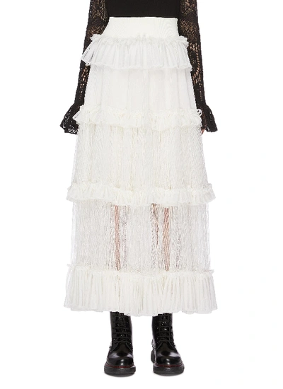 Shop Alexander Mcqueen Sheer Lace Ruffle Maxi Skirt In White