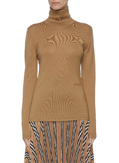 Shop Burberry Turtleneck Logo Embroidered Cashmere-silk Top In Brown