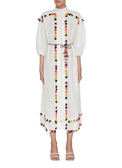 Shop Zimmermann 'edie' Tassel Trim Mock Neck Dress In White,multi-colour