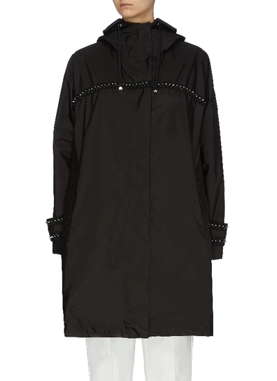 Shop Moncler 'prasin' Stud Embellished Hooded Nylon Trench Coat In Black