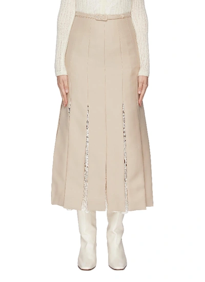 Shop Gabriela Hearst 'edith' Belted Macramé Godet Pleated Skirt In Neutral