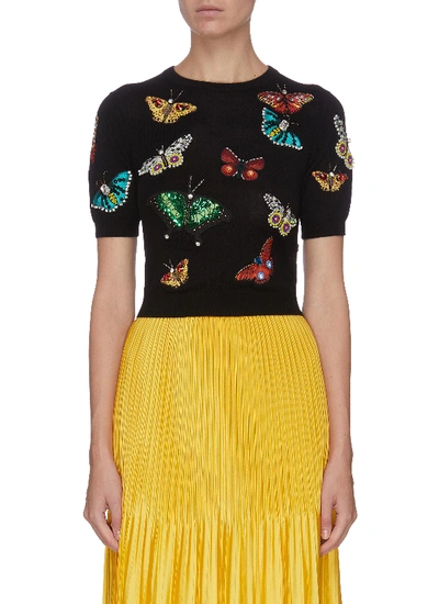 Shop Alice And Olivia 'ciara' Butterfly Embroidered Wool Pullover In Multi-colour
