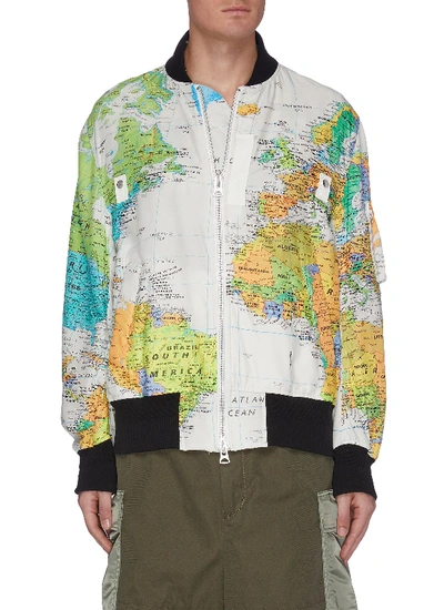 World Map Print Tech Bomber Jacket In Multicolor