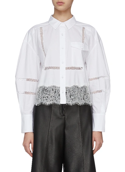 Shop Self-portrait Sheer Stripe Lace Trim Shirt In White