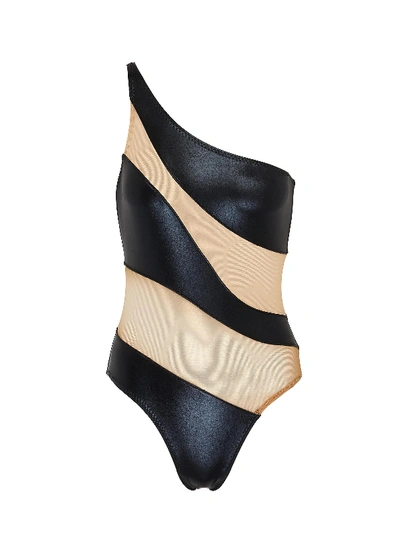 Shop Norma Kamali Mesh Panel Leather One-piece Swimsuit In Black