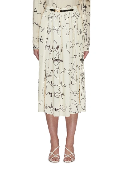 Shop Victoria Beckham Scribble Print Front Drape Belted Skirt In White