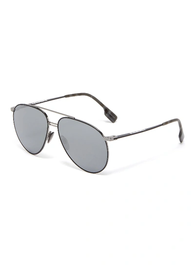 Shop Burberry Double Bridge Metal Frame Aviator Sunglasses In Grey