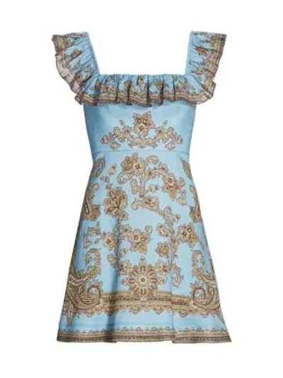 Shop Zimmermann Fiesta Ruffle Neck Dress In Aqua Paisley