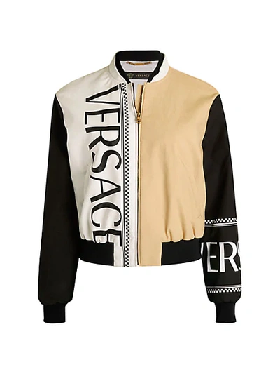 Shop Versace Colorblock Logo Bomber Jacket In Black Beige