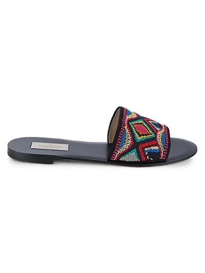 Shop Valentino Beaded Leather Slides In Multi