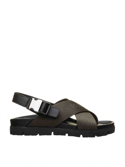 Shop Prada Branded Band Sandals In Military Green