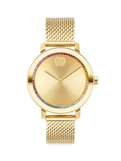 Shop Movado Women's Bold Evolution Yellow Gold Ip & Rainbow Crystal Mesh Bracelet Watch