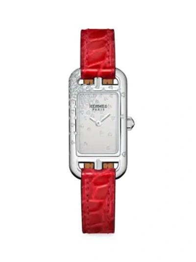 Pre-owned Hermes Nantucket Diamond, Stainless Steel & Alligator Strap Watch In Red