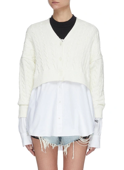 Shop Alexander Wang T Cable Knit Bi Layer V Neck Oxford Shirting Cardigan Top In White