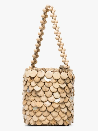 Shop Aranaz Neutral Fishscale Mini Abaca Bucket Bag In Neutrals