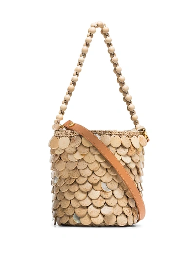 Shop Aranaz Mini Fishscale Bucket Bag In Neutrals