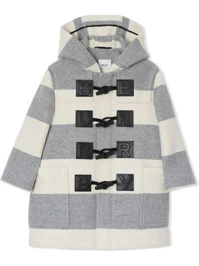 Shop Burberry Teen Logo Detail Striped Duffle Coat In Grey