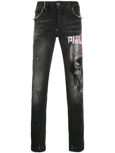 Shop Philipp Plein Super Straight-cut Skull Crystal Jeans In Black