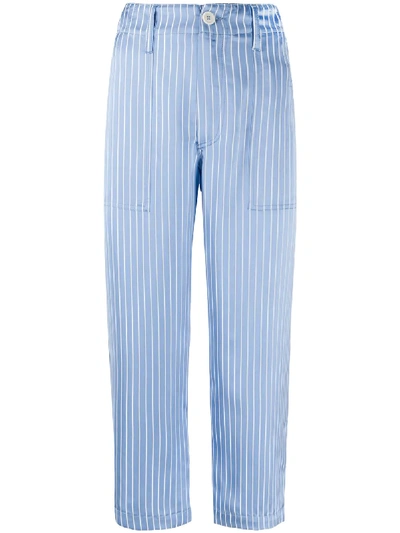 Shop Jejia High-rise Striped Satin Cropped Trousers In Blue