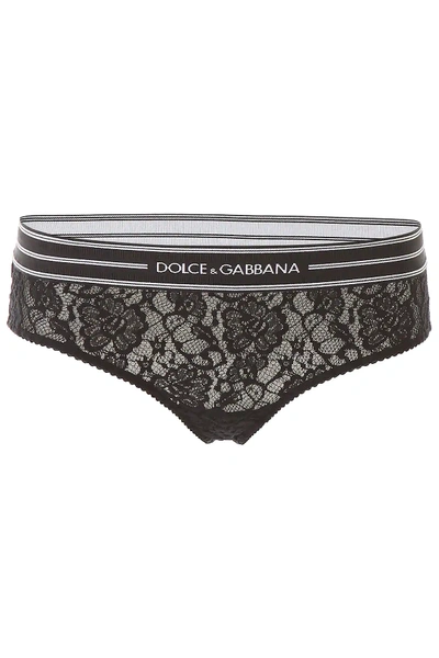 Shop Dolce & Gabbana Lace Briefs With Logo Band In Black