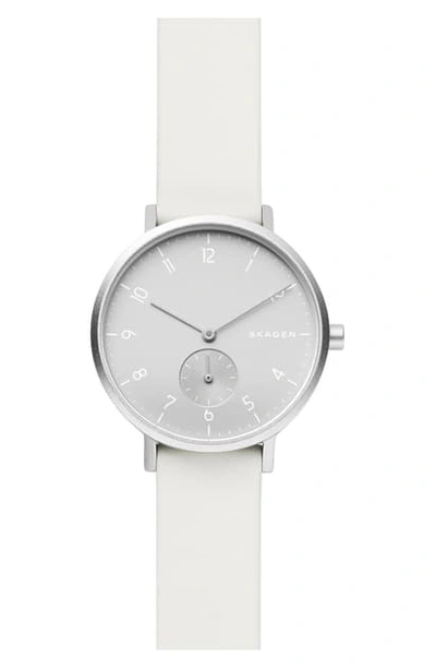 Shop Skagen Aaren Kul?r Rubber Strap Watch, 36mm In White/ Silver