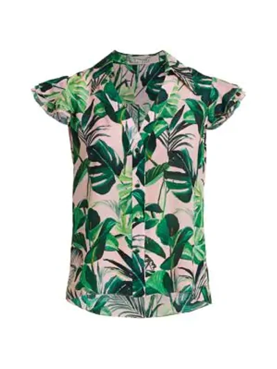 Shop Alice And Olivia Randa Tropical Ruffle-sleeve Blouse In Palm