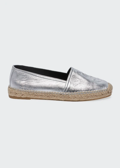 Shop Saint Laurent Ysl Flat Metallic Espadrilles In Gray Metallic