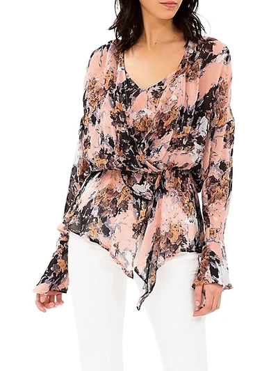 Shop Iro Paradon Floral Bell-sleeve Faux Wrap Peplum Top In Nude