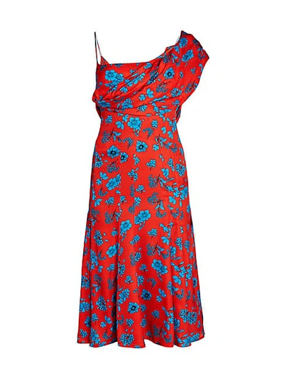 Shop Versace One-shoulder Draped Floral Dress In Red Print