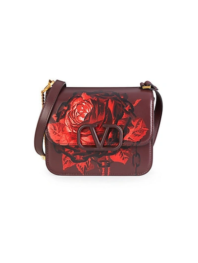 Shop Valentino Vlogo Floral Leather Shoulder Bag In Red