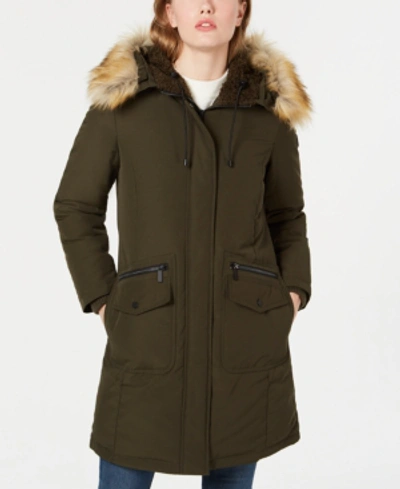 Shop French Connection Hooded Faux-fur-trim Down Parka, Created For Macy's In Loden