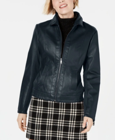 Shop Kenneth Cole Faux-leather Jacket In Navy